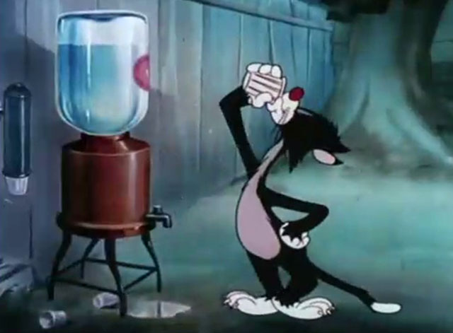 The Cat That Hated People - cartoon black cat drinking cup of water from dispenser