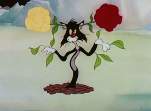 The Cat That Hated People - cartoon black cat growing out of ground with roses in ears