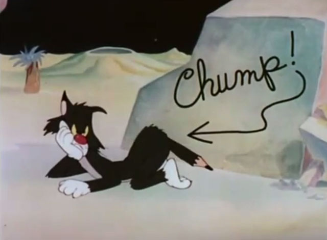 The Cat That Hated People - sulking cartoon black cat with pencil tail and word chump pointing at him