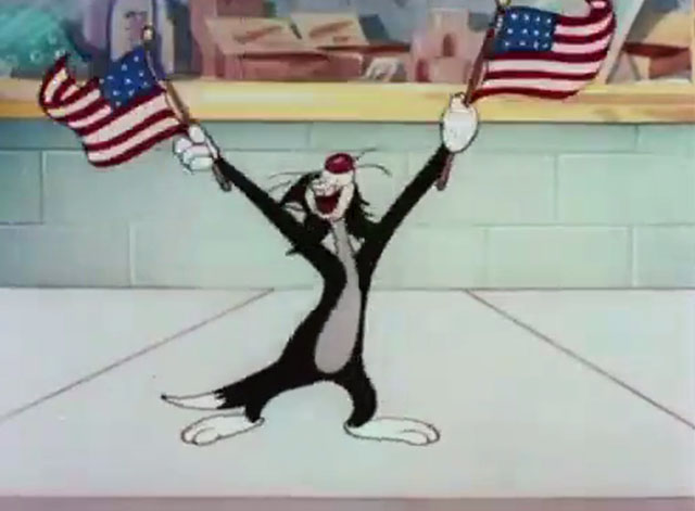 The Cat That Hated People - cartoon black cat waving American flags