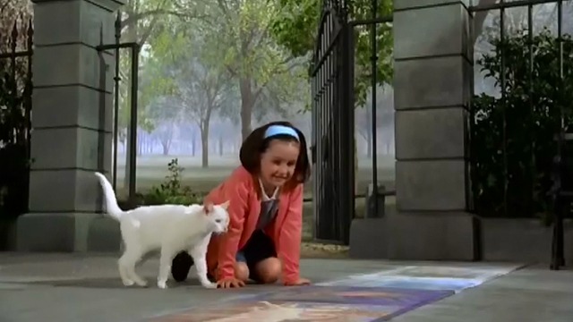 The Cat That Looked at a King - white cat with little girl looking at chalk paintings