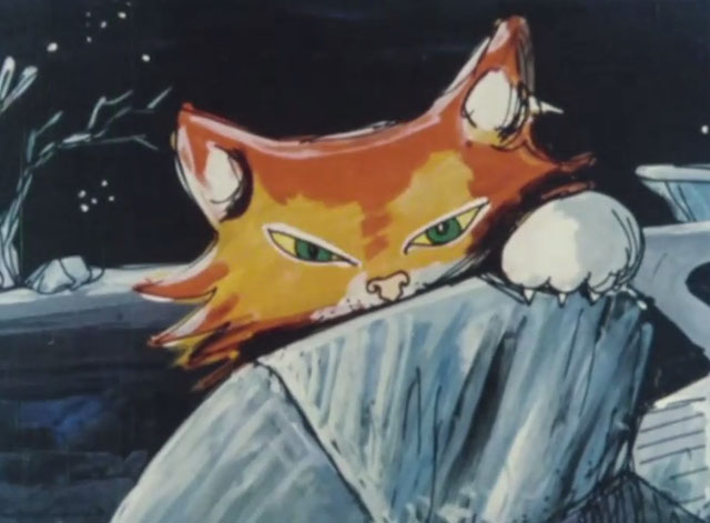 The Cat That Walked by Himself - cartoon ginger tabby cat crouching behind rock