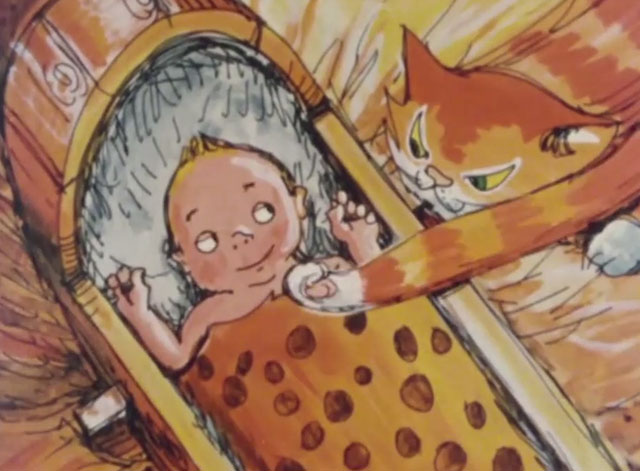 The Cat That Walked by Himself - cartoon ginger tabby cat tickling baby in crib