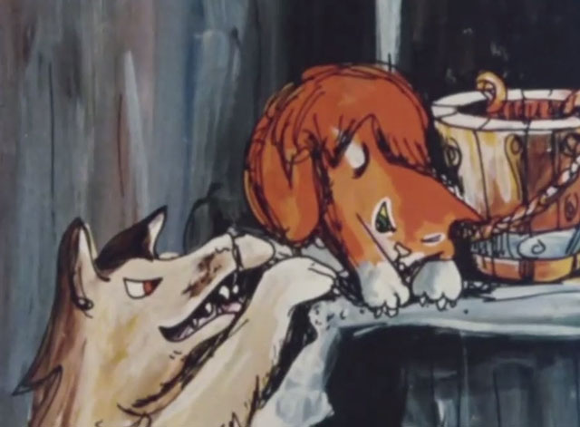 The Cat That Walked by Himself - cartoon ginger tabby cat chased onto table by dog