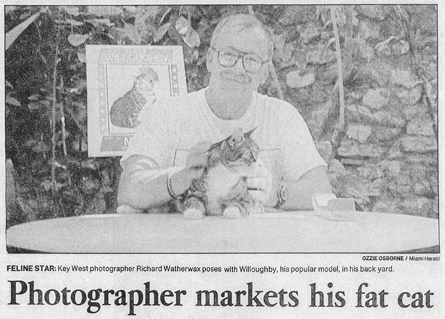 The Cat Who Drank and Used Too Much - newspaper photo of photographer Richard Watherwax with tabby and white cat Willoughby