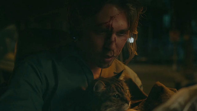 Caught Stealing - beaten up Hank Austin Butler with longhair brown tabby cat Bud Tonic