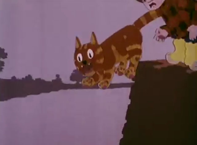 Charley Says - Falling in the Water - cartoon ginger tabby cat Charley falling into river with boy Tony watching
