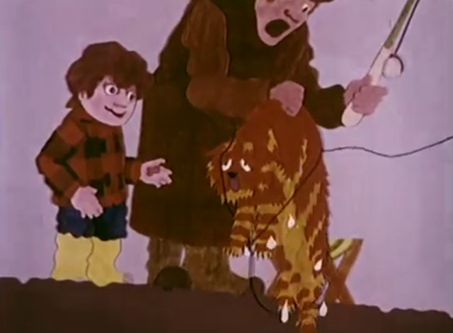 Charley Says - Falling in the Water - cartoon ginger tabby cat Charley being pulled out of river with boy Tony and dad