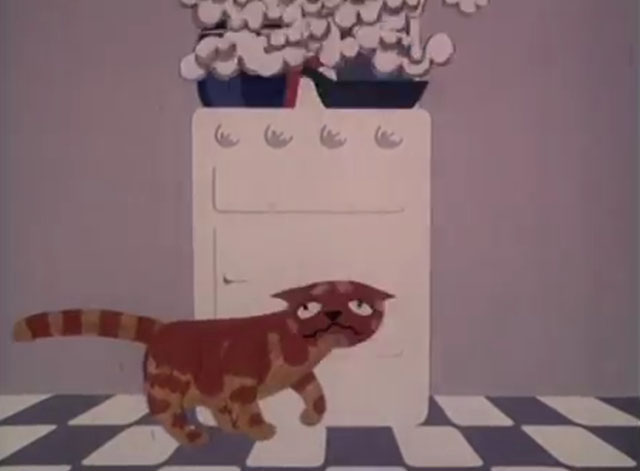 Charley Says - In the Kitchen - cartoon ginger tabby cat Charley next to stove with boiling pots
