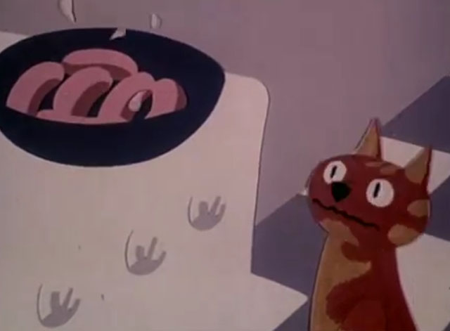 Charley Says - In the Kitchen - cartoon ginger tabby cat Charley looking at sausages in pan on stove