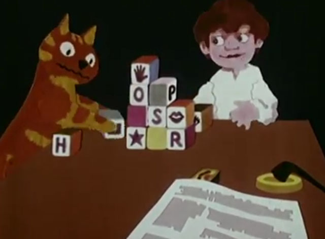 Charley Says - Matches - cartoon ginger tabby cat Charley with boy Tony playing with blocks