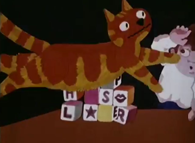 Charley Says - Matches - cartoon ginger tabby cat Charley knocking over blocks with boy Tony