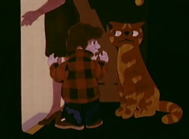 Charley Says - Mummy Should Know - cartoon ginger tabby cat Charley with boy Tony and mother at door