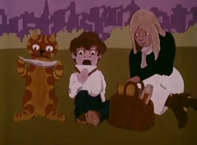 Charley Says - Mummy Should Know - cartoon ginger tabby cat Charley with boy Tony and mom eating in park