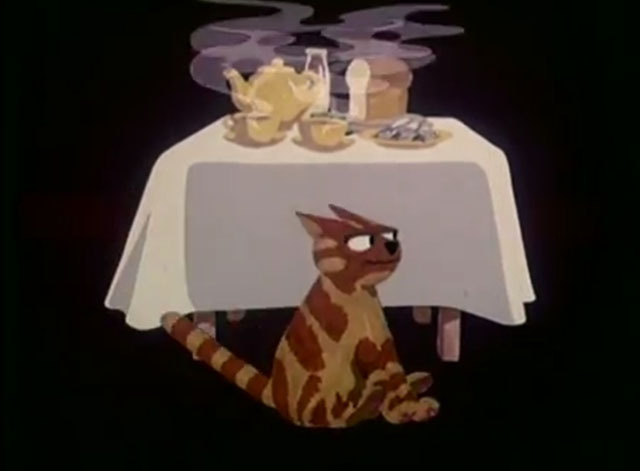 Charley Says - Charley's Tea Party - cartoon ginger tabby cat Charley skidding by table with teapot