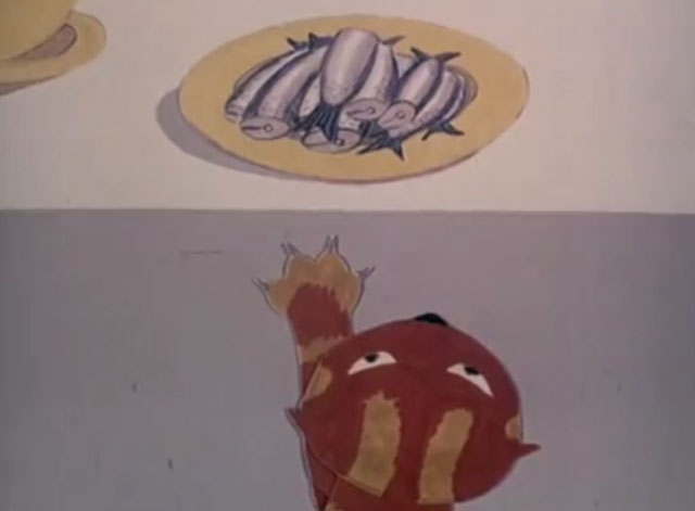 Charley Says - Charley's Tea Party - cartoon ginger tabby cat Charley reaching up to pull tablecloth