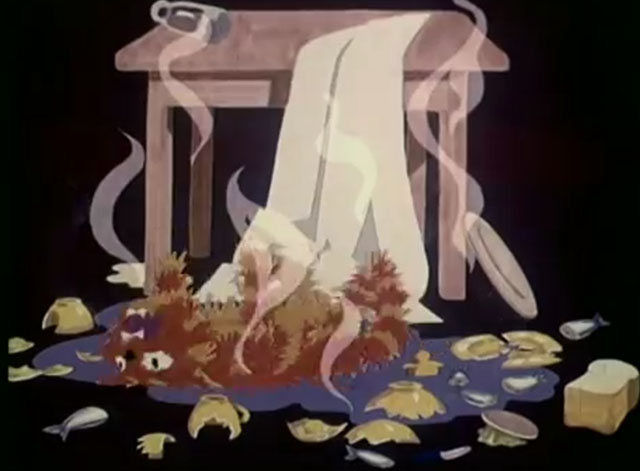 Charley Says - Charley's Tea Party - cartoon ginger tabby cat Charley scalded and lying on floor with broken teapot and cups