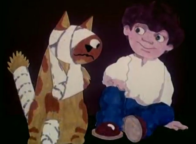 Charley Says - Charley's Tea Party - cartoon ginger tabby cat Charley bandaged with boy Tony