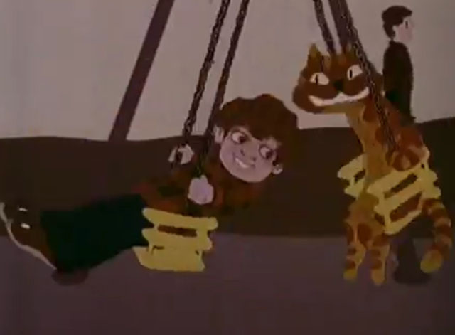 Charley Says - Strangers - cartoon ginger tabby cat Charley with boy Tony playing on swings