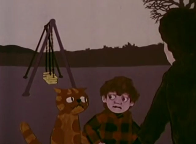 Charley Says - Strangers - cartoon ginger tabby cat Charley with boy Tony and strange man