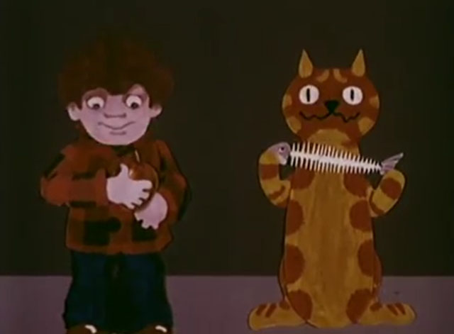 Charley Says - Strangers - cartoon ginger tabby cat Charley eating fish with boy Tony with apple