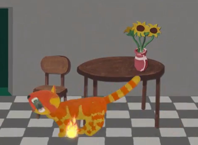 Charley Says - Overloading Sockets - cartoon ginger tabby cat Charley running through house on fire