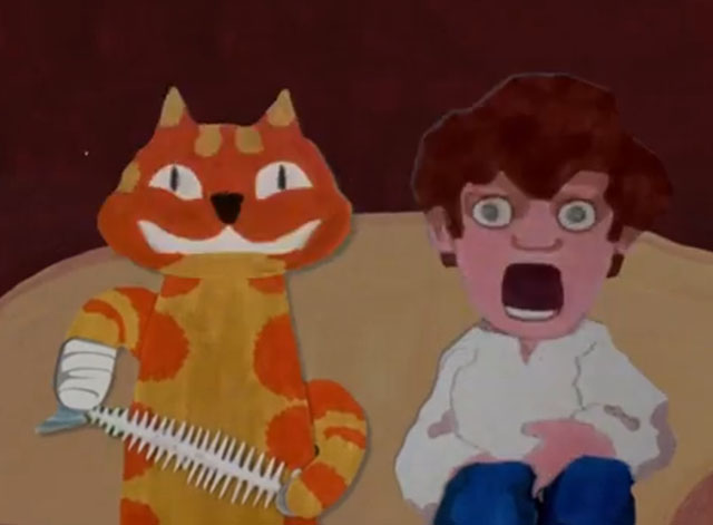 Charley Says - Overloading Sockets - cartoon ginger tabby cat Charley eating fish with boy Tony