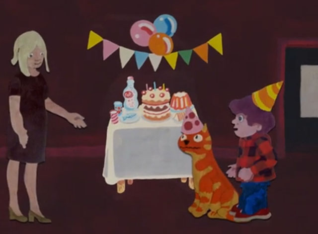 Charley Says - Overloading Sockets - cartoon ginger tabby cat Charley with boy Tony and mother at birthday party