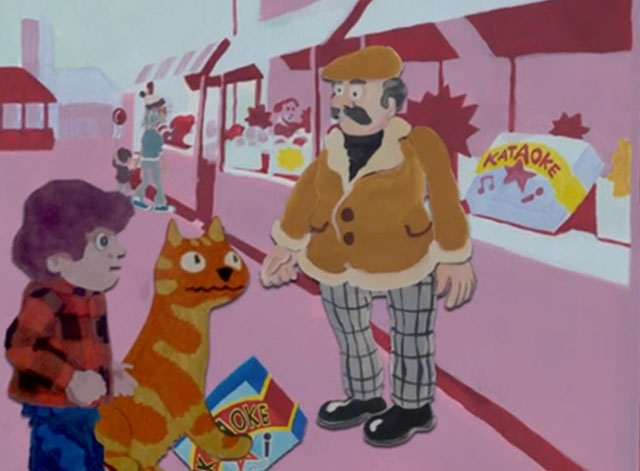 Charley Says - Overloading Sockets - cartoon ginger tabby cat Charley with boy Tony buying karaoke machine from man