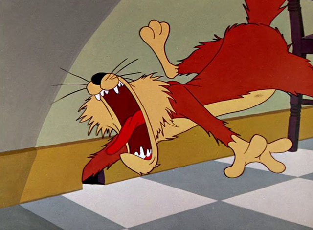 Cheese It, the Cat! - ginger and cream cartoon cat letting out screech while reaching into mousehole