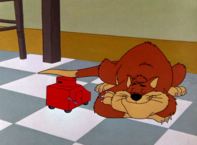 Cheese It, the Cat! - ginger and cream cartoon cat sleeping as toy tank approaches