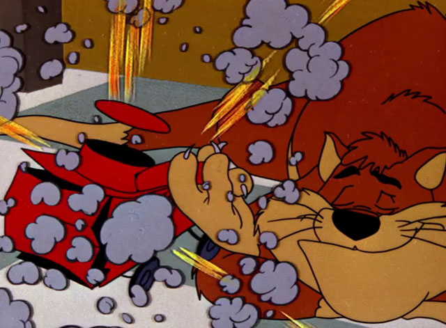 Cheese It, the Cat! - ginger and cream cartoon cat holding thumb over gun as toy tank explodes