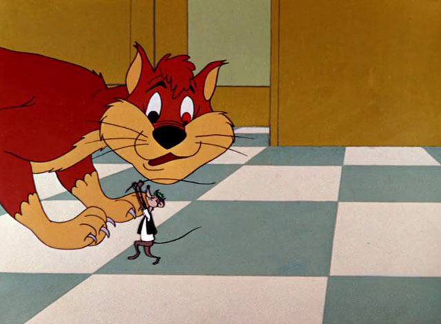 Cheese It, the Cat! - ginger and cream cartoon cat surprised as Ned Morton mouse pulls out whisker and walks away