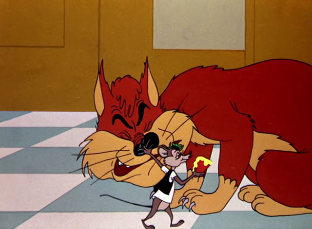 Cheese It, the Cat! - ginger and cream cartoon cat have nose squeezed by Ned Morton mouse