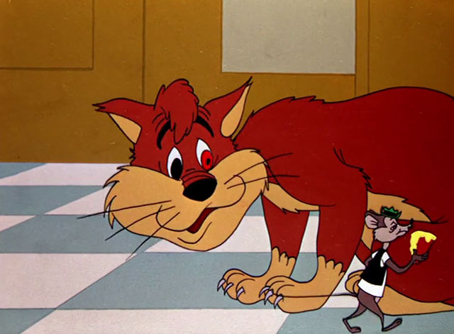 Cheese It, the Cat! - ginger and cream cartoon cat looking confused as Ned Morton mouse walks away