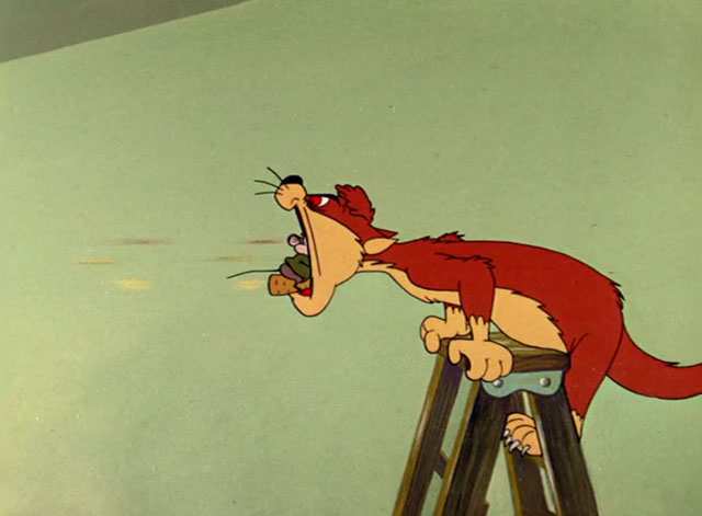 Cheese It, the Cat! - ginger and cream cartoon cat with mouth open on ladder as Ralph mouse flies on cork