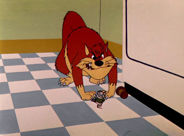 Cheese It, the Cat! - ginger and cream cartoon cat chasing Ralph mouse by refrigerator