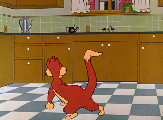 Cheese It, the Cat! - ginger and cream cartoon cat spotting Ralph and Ned mice up on counter