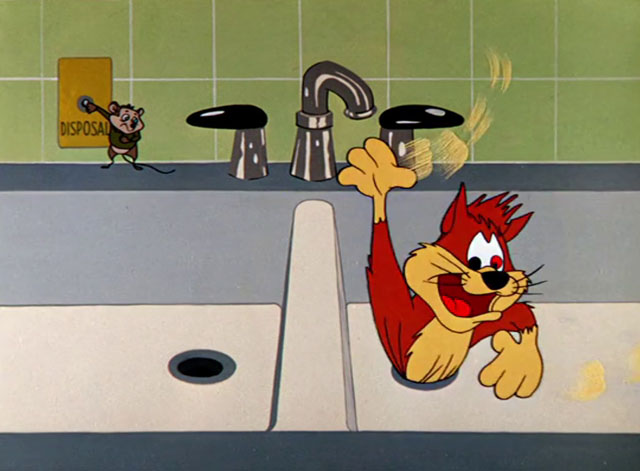 Cheese It, the Cat! - ginger and cream cartoon cat being pulled into garbage disposal