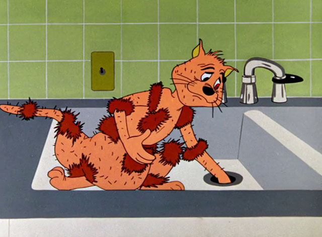 Cheese It, the Cat! - partly shaved ginger and cream cartoon cat retrieving fur from sink drain