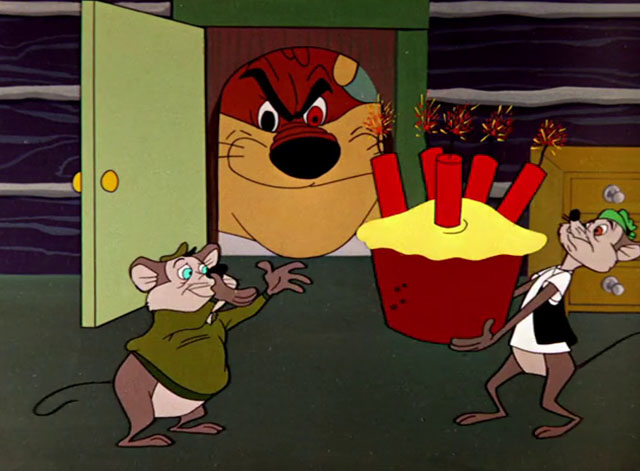 Cheese It, the Cat! - ginger and cream cartoon cat looking into mousehole as Ralph and Ned mice try to get rid of explosive cupcake