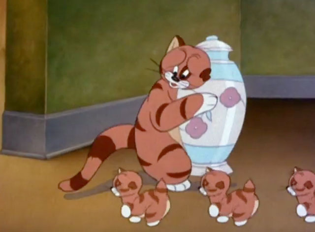 Chips Off the Old Block - cartoon tabby cat Butch carrying vase past marching kittens