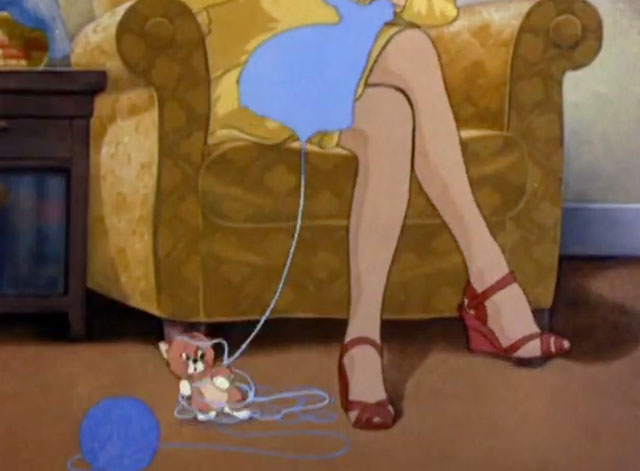 Chips Off the Old Block - cartoon tabby kitten tangled in woman's yarn