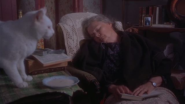 Chocolat - white cat on table beside Armande Judi Dench on chair