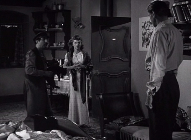 Cloak and Dagger - Gina Lilli Palmer and janitor Charles La Torre with black cat looking at Jesper Gary Cooper