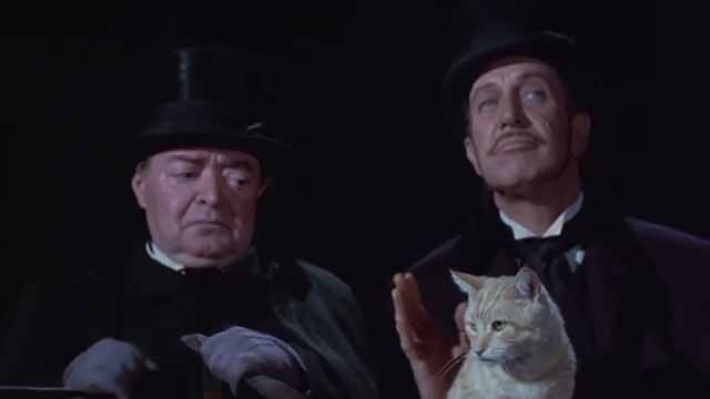 The Comedy of Terrors - Rhubarb Cleopatra ginger cat sitting on seat of hearse coach with Gillie Peter Lorre and Trumbull Vincent Price
