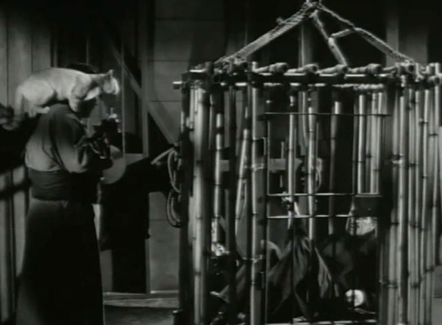 Confessions of an Opium Eater - Vincent Price in cage with man approaching outside with ginger tabby cat on shoulder