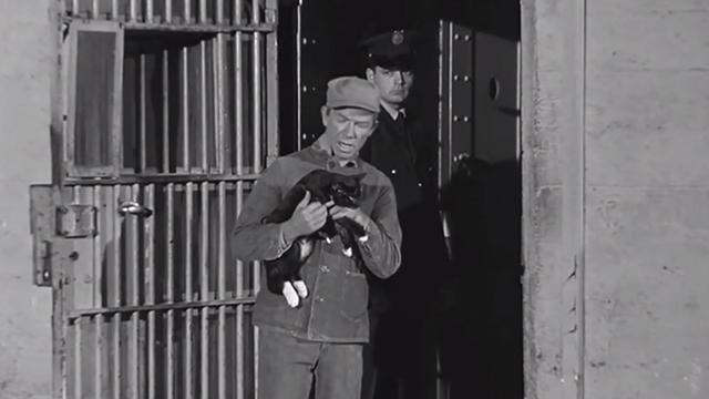 Convicts 4 - Iggy Ray Walston holding tuxedo cat in prison yard