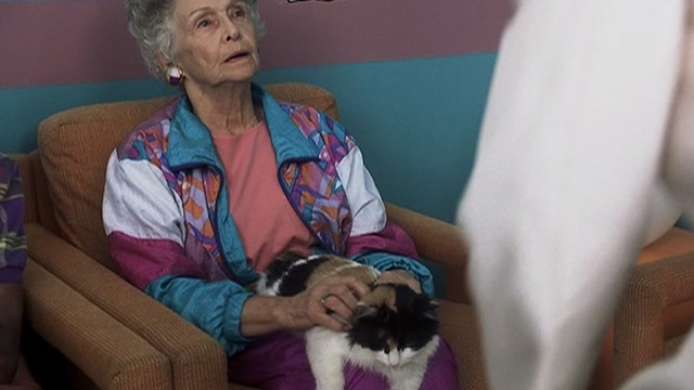 Corky Romano - Phyllis Jeanette Miller holding calico cat on lap