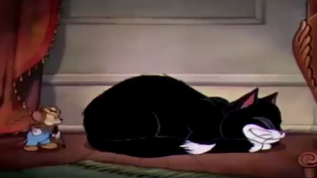 The Country Cousin - country cousin mouse about to kick sleeping cartoon tuxedo cat on behind